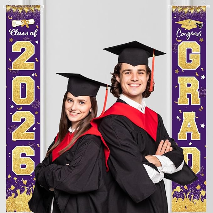 2026 Graduation Party Decorations - Purple Gold Class of 2026 Congrats Grad Porch Sign Banner Hanging Flag Graduation Party Supplies for School College Classroom Decor