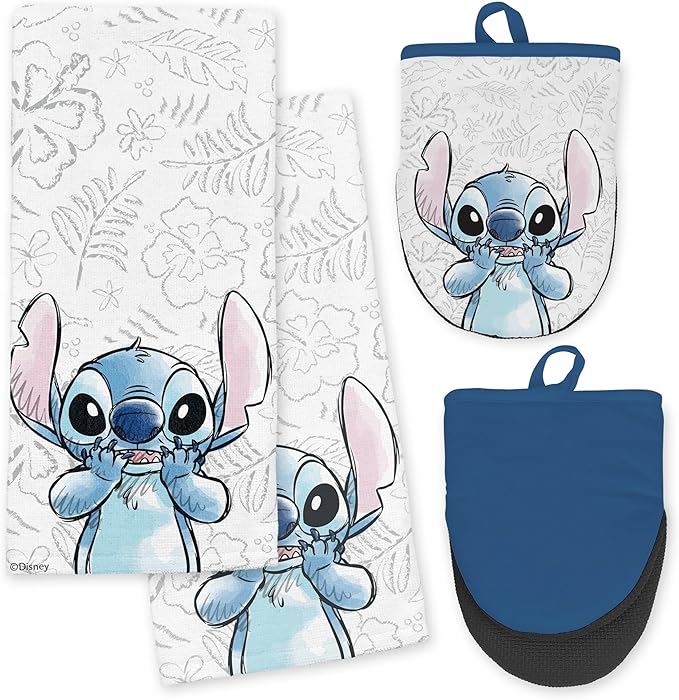 Disney Kitchen Towels & Oven Mitts Set – 4 Piece Bundle with 2 Cotton Dish Towels/Hand Towels & 2 Heat Resistant Mini Oven Mitts (Pot Holders) – Mickey, Stitch & Pooh (Stitch)