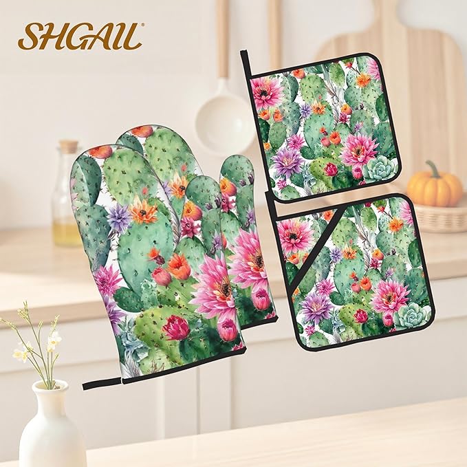 Flower Cactus Oven Mitts with Matching Potholders - Heat Resistant Kitchen Accessories for Baking, Grilling, Cooking, Gifts for Women