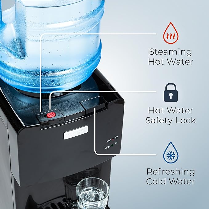 Igloo Top Loading Water Cooler with Removable Drip Tray & Energy-Saving Features- Water Tower with Hot, Cold Temperature Settings- Water Dispenser Fits 3 & 5-Gallon Jugs with Child Safety Lock- Black
