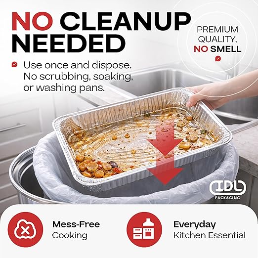 IDL Packaging Half-Size Aluminum Steam Table Pans - Shallow, 13" x 11" x 1.5" (pack of 25) - Disposable Foil Pan for Grilling, Roasting, BBQ, Cooking, Baking, Freezing