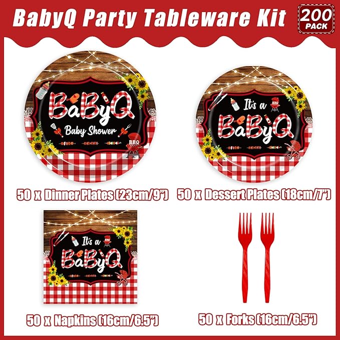 200Pcs BBQ Baby Shower Decorations, It’s A BabyQ Party Plates and Napkins Supplies Set Sunflower Rustic Wood Barbecue Baby Shower Gender Reveal Picnic Party Disposable Tableware Kit, Serves 50