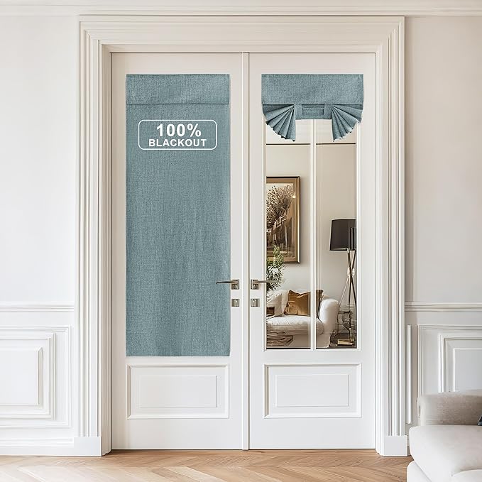 NICETOWN 100% Blackout Linen Door Curtain - Thermal Insulated Light Block French Curtain Tie Up Shades Energy Efficient Door Blind for Glass Door, 26 x 72 inches Long, Skylark Blue, 1 Panel
