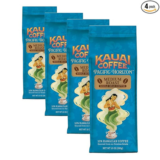 Kauai Coffee Whole Bean Coffee – Smooth,Non-Bitter Pure Arabica – Light Floral Notes & Bright Aroma-– Grown on Hawaii's Largest-Coffee Farm-– Koloa Estate Medium Roast of 10oz,(Pack of 4)