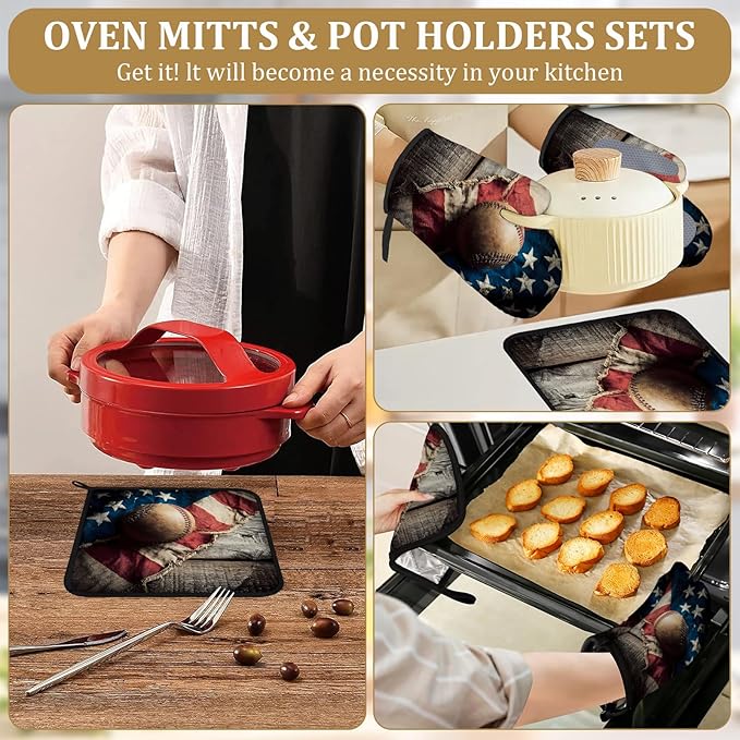 Vintage American Flag Baseball Oven Mitts and Pot Holders Sets 4Pcs Silicone Kitchen Gloves Heat Resistant Potholders for Baking Cooking Grilling BBQ