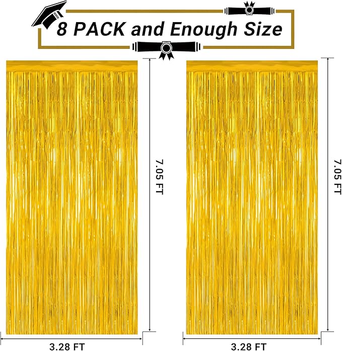 8 Pack 2026 Graduation Party Decorations, 3.28 FT x 7.05 FT Gold Backdrop, Metallic Graduation Photo Backdrop Grad Foil Curtains Party Streamer, Class of 2026 Decorations Grad Decor
