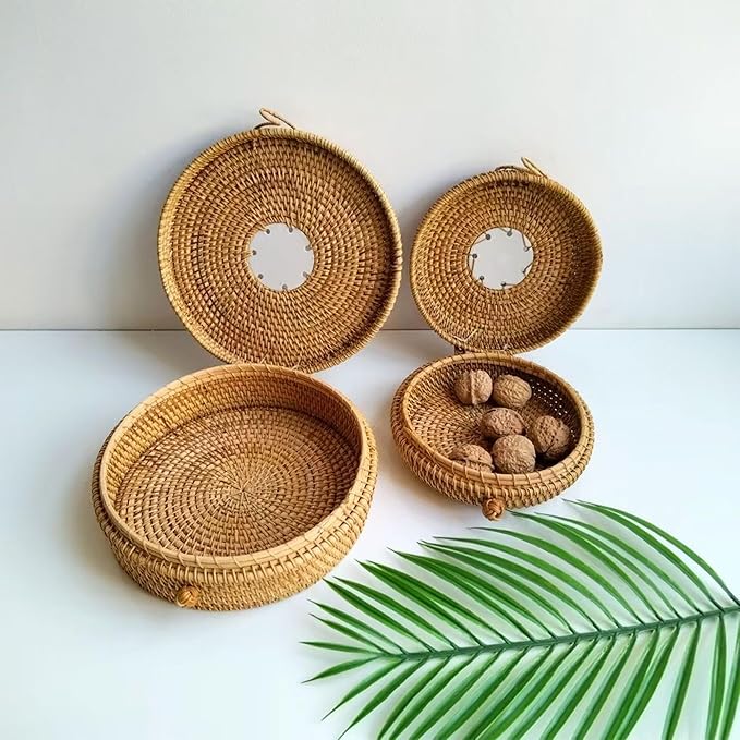 Rattan Box with Lid: Blue-and-White Porcelain Decorative Rattan Storage Box, Hand-Woven Wicker Storage Basket with Lid, for Sundries Tea Case Picnic Food Containers (Round 1, 6.89in*6.89in*2.76in)