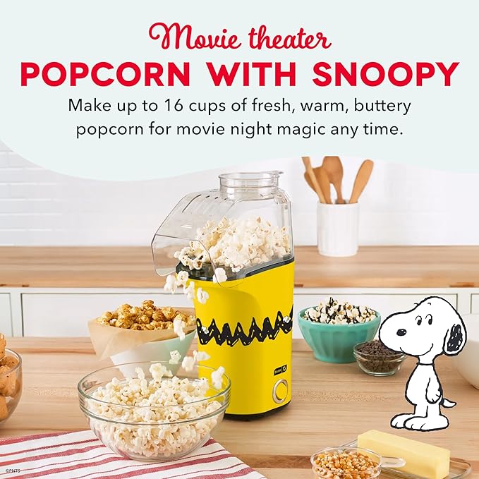 Peanuts DASH Fresh Pop Popcorn Maker - Oil-Free, Air Popcorn Popper - With Measuring Cup & Recipe Guide - Perfect for Movie Nights - 16 Cups