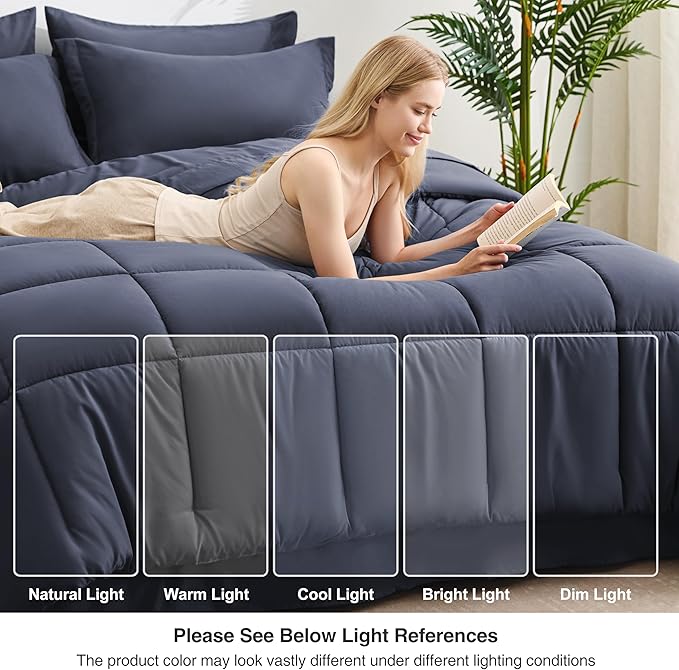 Love's cabin Twin XL Comforter Set Indigo Blue, 5 Pieces Twin XL Bed in a Bag, All Season Bedding Sets with 1 Comforter, 1 Flat Sheet, 1 Fitted Sheet, 1 Pillowcase and 1 Pillow Sham | Soft, Breathable, Lightweight, Comfortable