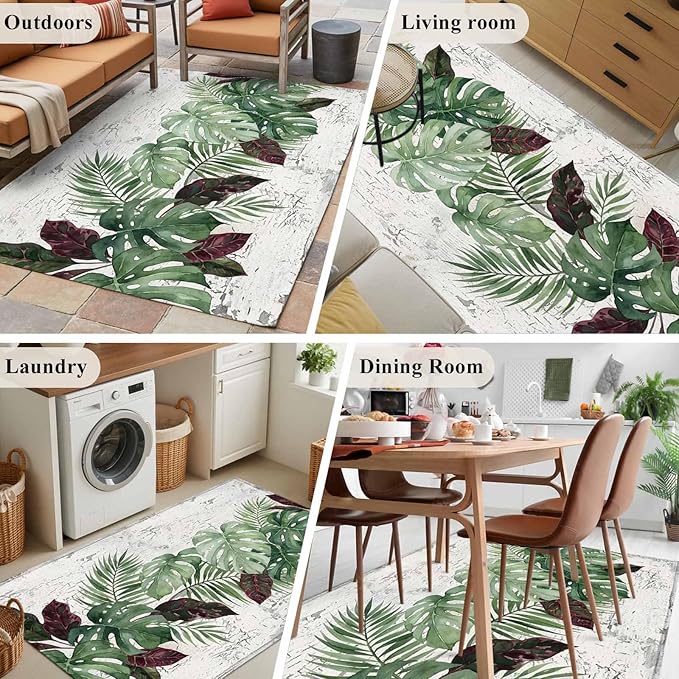 Area Rug 4x6ft, Summer Green Monstera Palm Leaves Washable Rugs for Living Room Bedroom, Vintage Botantical Soft Non-Slip Area Rugs Rectangle Floor Carpet for Dining Room