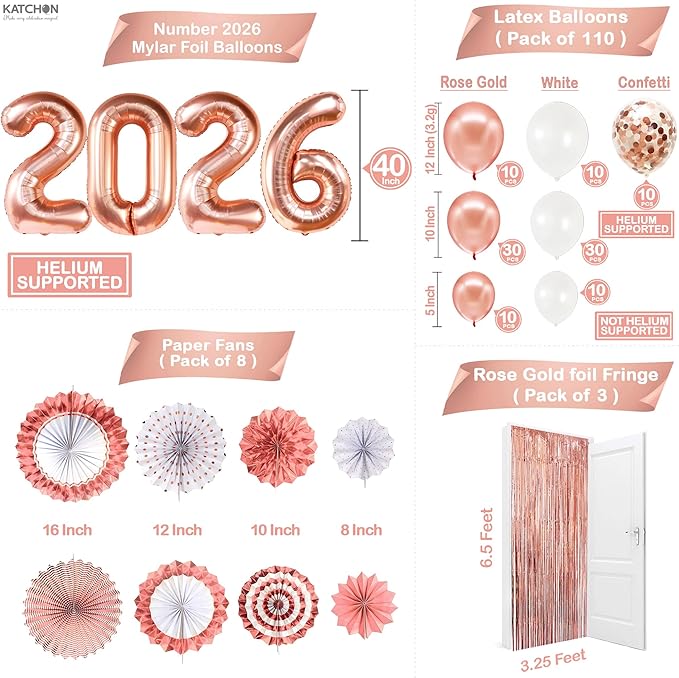 KatchOn, Rose Gold Birthday Decorations Set - Huge Pack of 145 | Rose Gold Fringe Backdrop, Balloons, Garland for Birthday Decorations, Graduation Decorations 2026 | Graduation Eve Party Supplies