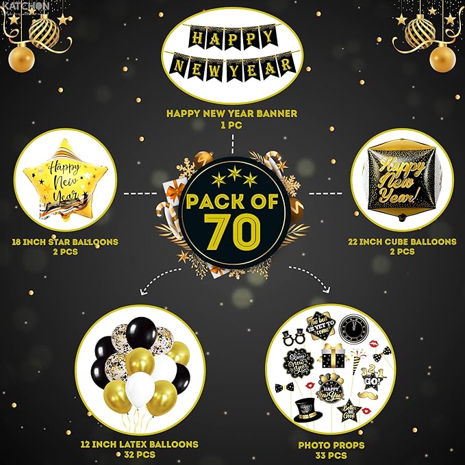 KatchOn, New Years Eve Party Supplies 2026 - Huge, Set of 76 | Black and Gold Happy New Year Banner, 2026 Balloon Numbers | New Year Foil Balloons, New Years Photo Booth Props | NYE Decorations 2026