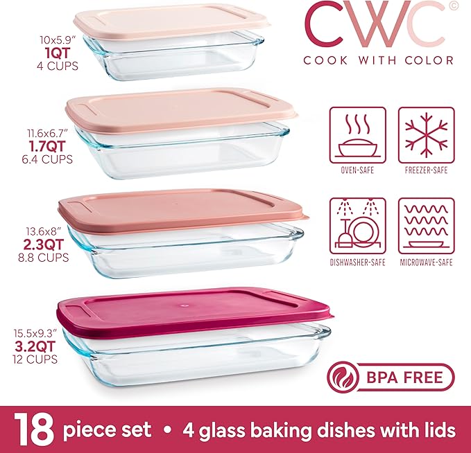 COOK WITH COLOR 8-Piece Deep Glass Baking Dish Set with Plastic Lids – Casserole and Food Storage Containers for Lasagna, Leftovers – Freezer-to-Oven, Microwave & Dishwasher Safe, Rose