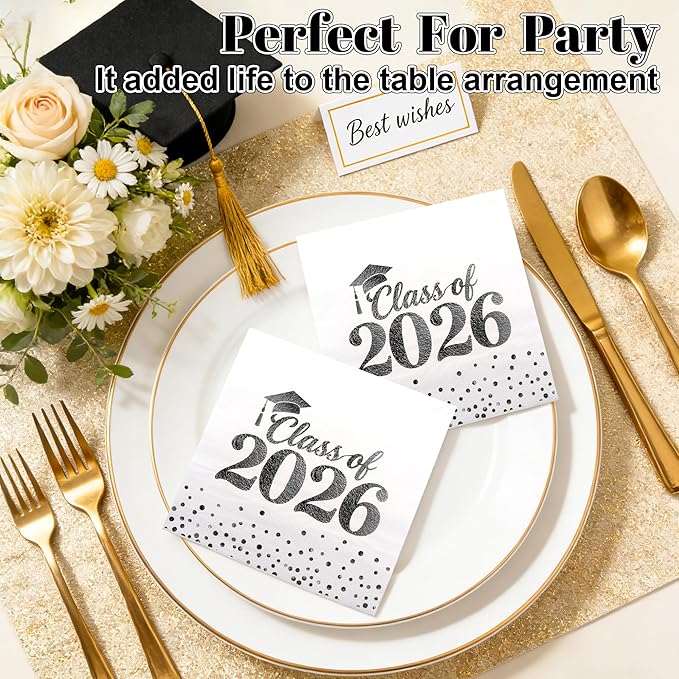 Graduation Napkins - Class of 2026 Napkins Disposable Paper Napkins Congrats Grad Cocktail Napkins Graduation Decorations 2026 Black Napkins Hand Towels for College Graduation Party Decorations 50 Pcs