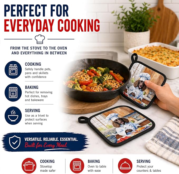 Caroline's Treasures American Water Spaniel The Chef Pair of Pot Holders Kitchen Heat Resistant Pot Holders Sets Oven Hot Pads for Cooking Baking BBQ, 7 1/2 x 7 1/2