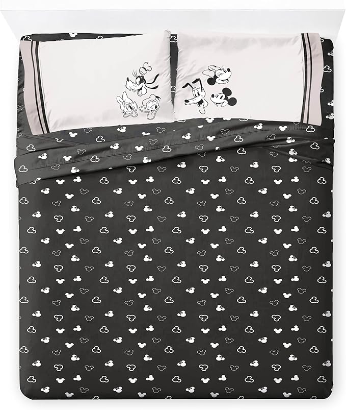 Jay Franco Kids Sheet Set with Fitted, Flat Sheets & Pillow Cover - Ultra-Soft Bedding with Pillowcase for Room Decor, Black - Mickey and Friends, 4 Piece Queen