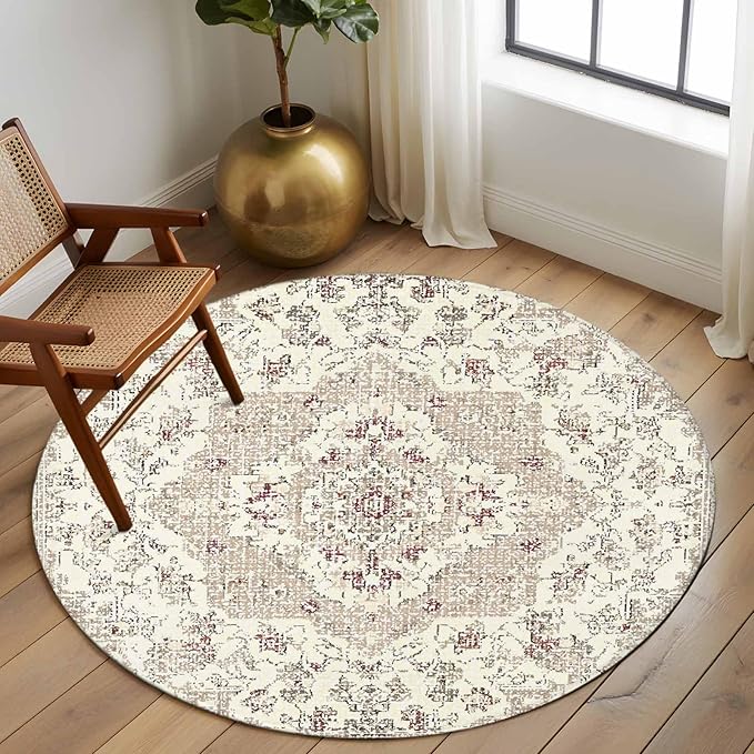 Beige Boho 7ft Round Rug, Vintage Ethnic Floral Non-Skid Rubber Backing Large Area Rugs - Living Room Bedroom Home Office, Abstract Art Geometric Indoor Floor Mat Carpets Washable Rug