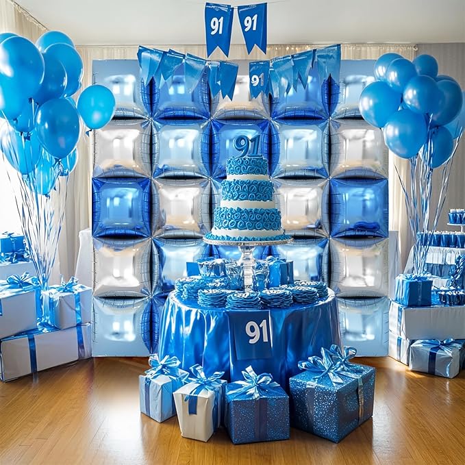 Blue Silver Square Foil Balloon Wall,25Pcs Double Sided Balloons Backdrop Helium Polyester Film Balloon Tunnel Arch Garland Kit for Birthday Bridal Anniversary Baby Shower Party Decorations