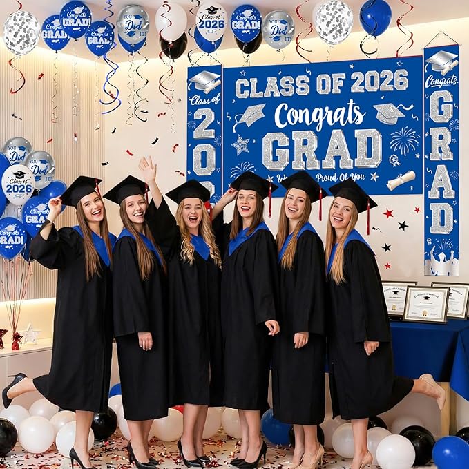 Graduation Decorations Class of 2026, Blue and Silver Graduation Decorations Include Grad Backdrop, Banner, Hanging Swirls, Porch Sign, Balloons for Congrats Grad Party Supplies
