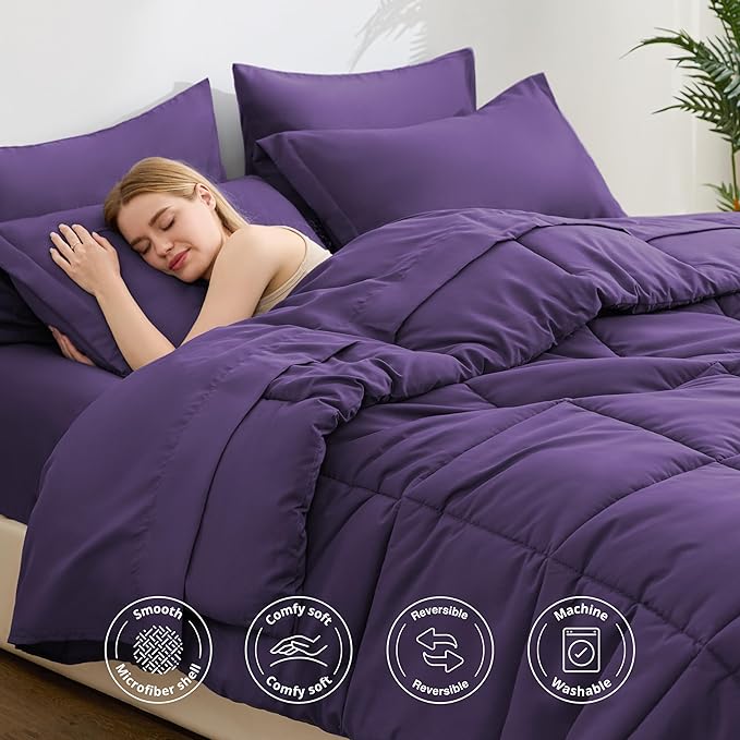 Love's cabin Twin XL Comforter Set Dark Purple, 5 Pieces Twin XL Bed in a Bag, All Season Bedding Sets with 1 Comforter, 1 Flat Sheet, 1 Fitted Sheet, 1 Pillowcase and 1 Pillow Sham | Soft, Breathable, Lightweight, Comfortable