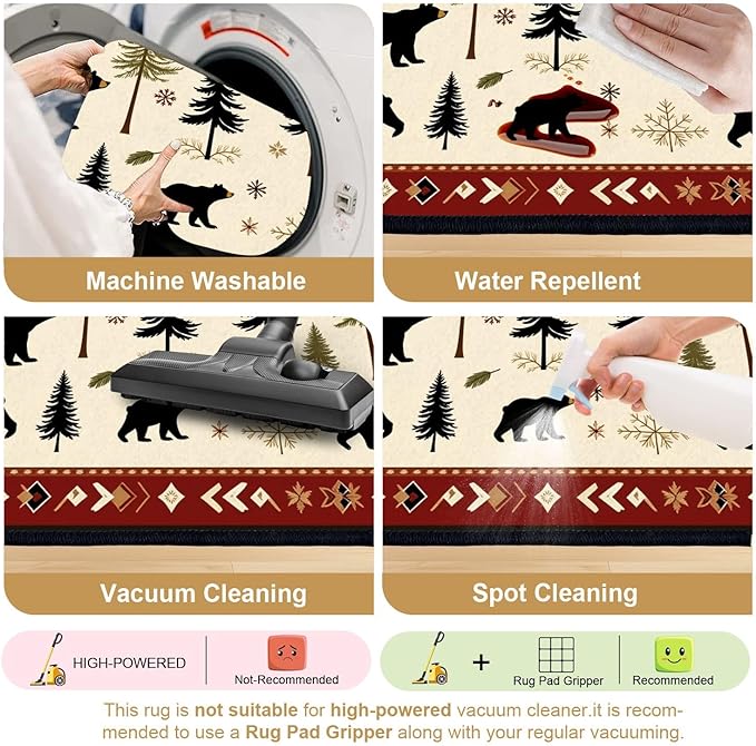8x10 Area Rugs for Bedroom Boho Washable Man Cave Rug for Living Room Rustic Bear Pine Tree Forest Winter Elements Soft Rubber Backed Non-Slip Large Carpets for Boys