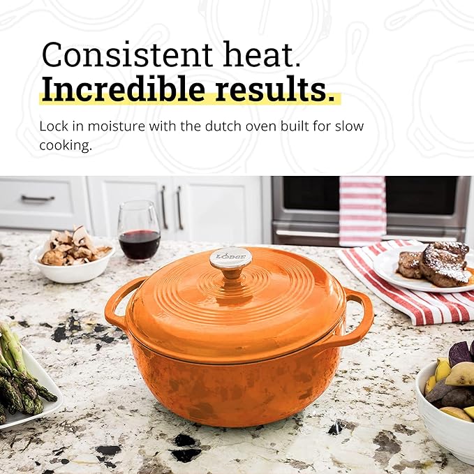 Lodge Essential Enamel Cast Iron Dutch Oven - Perfect for Bread Baking, Braising, Marinating & Slow Cooking - Features Moisture-Sealing Lid & Dual Handles - Kitchen Essentials - 6 Quarts - Apricot