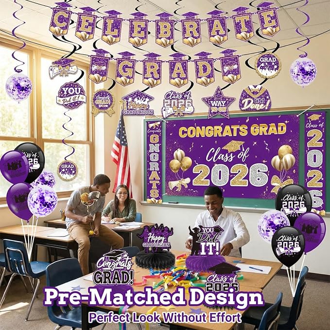 Purple 2026 Graduation Party Decor Kit-Includes Backdrop, Banner, Balloons, Hanging Ornaments & Honeycomb Decorations for Class of 2026 -Full Set for High School and University Graduation Events