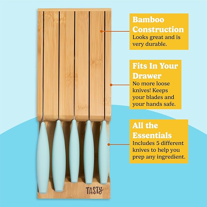 Tasty In-Drawer Kitchen Knife Set, Space-Saving Cutlery and Kitchen Organizer, Includes Chef, Bread, Santoku, Utility and Paring Knives, 6-Piece, Aqua