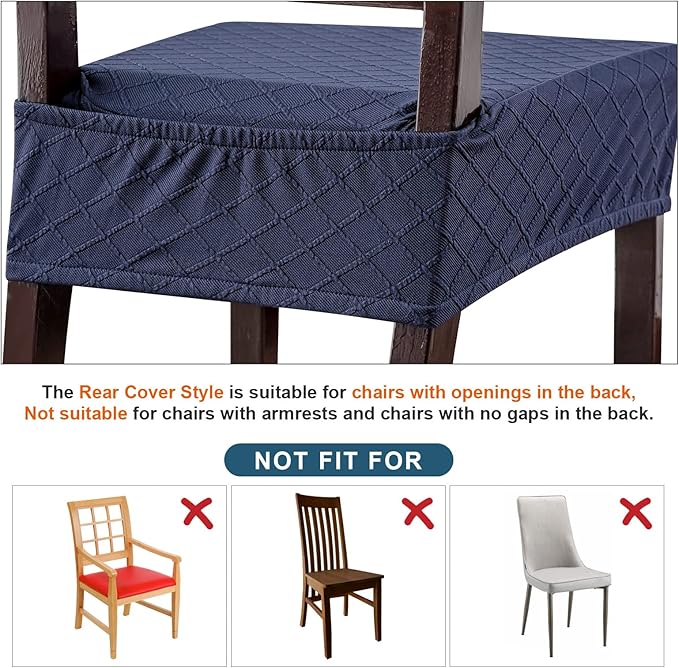 Genina Waterproof Seat Covers for Chairs,Set of 4 Dining Room Chair Seat Covers for Kitchen,Stretch Jacquard Removable Washable Dining Chair Slipcovers Protectors with Rear Covers, Navy Blue