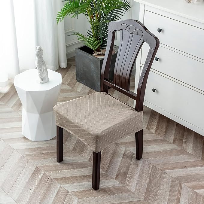 Genina Waterproof Seat Covers for Chairs, Set of 2 Dining Room Chair Seat Covers for Kitchen, Stretch Jacquard Removable Washable Dining Chair Slipcovers Protectors with Rear Covers, Taupe
