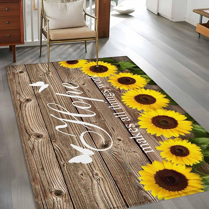 Area Rug 3x5ft, Farm Sunflower Positive Energy Quote Washable Rugs for Living Room Bedroom, Retro Dark Brown Wood Grain Soft Non-Slip Area Rugs Rectangle Floor Carpet for Dining Room