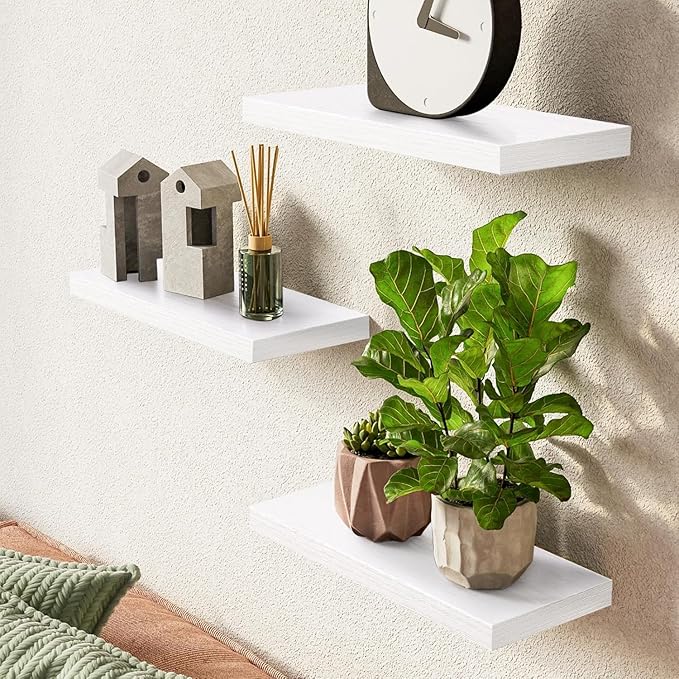BAYKA White Floating Shelves for Wall Set of 3, Rustic Wood Wall Shelves with Metal Brackets for Bathroom, Bedroom, Kitchen, or Living Room Decor Organization, Sturdy Storage with 22lb Capacity