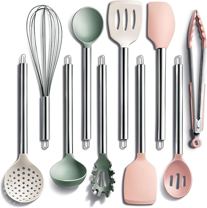 COOK WITH COLOR Silicone Cooking Utensils, Kitchen Utensil Set, Easy to Clean Silicone Kitchen Utensils, Cooking Utensils for Nonstick Cookware, Kitchen Gadgets Set, 10 Pieces, Mint