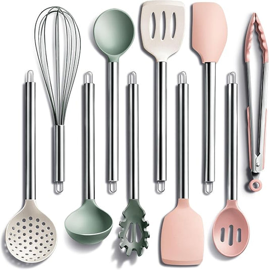 COOK WITH COLOR Silicone Cooking Utensils, Kitchen Utensil Set, Easy to Clean Silicone Kitchen Utensils, Cooking Utensils for Nonstick Cookware, Kitchen Gadgets Set, 10 Pieces, Mint