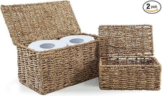 Seagrass Rectangle Storage Boxes w Lid | Set 2 Household Essential Shelf Organizer - Decorative Wicker Bins for Home Office, Nusery Supplies, Kitchen Accessories - Rustic Bathroom Toilet Tank Topper