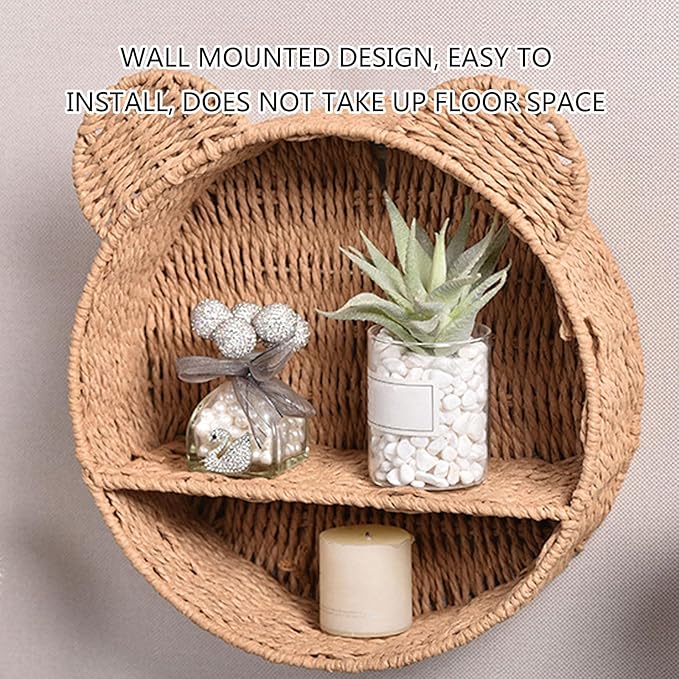 PURPLELILY Rattan Hanging Storage Basket Bear Ear Shape Wall Shelf Woven Wall Mounted Storage Rack Floating Shelves Home Decoration