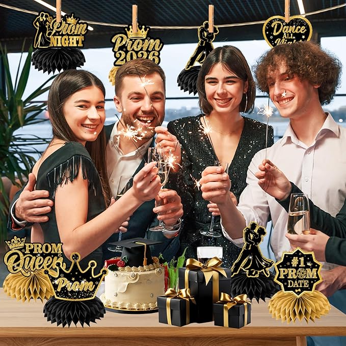 Prom Decorations 2026 Honeycomb Centerppieces, 12Pcs Black and Gold Prom Centerpieces for Table Prom Night Table Decorations High School College Graduation Celebration Prom Party Favors