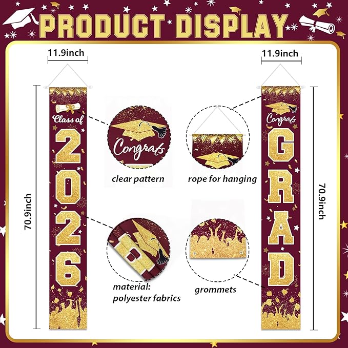 2026 Graduation Party Decorations - Maroon Gold Class of 2026 Congrats Grad Porch Sign Banner Hanging Flag Graduation Party Supplies for School College Classroom Decor