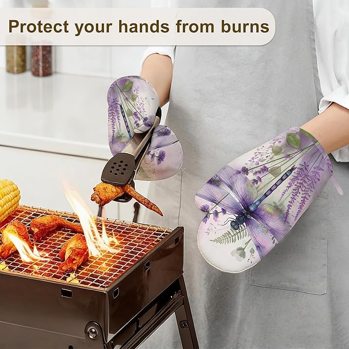 Watercolor Dragonfly Oven Mitts and Pot Holders Set of 4,Lavender Floral Kitchen Glove Heat Resistant Oven Mitts with Non-Slip Silicone for Baking, Cooking, BBQ