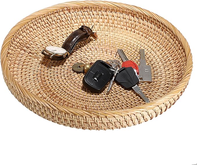 Hipiwe Round Key Basket Bowl for Entryway Table, 11.8" Large Rattan Tray Decorative Ottoman Trays Centerpiece for Coffee Table, Hand-Woven Fruit Basket Wicker Serving Trays
