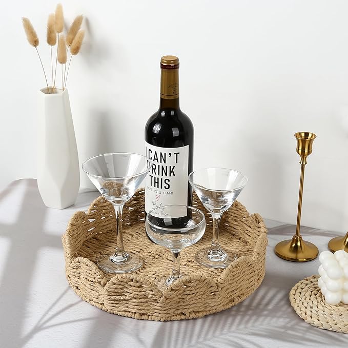 Scalloped Basket Set of 2 - Round Rattan Tray, Wicker Serving Tray, Round Woven Tray for Home Decor, Scallop Basket Table Trays for Decor, Water Hyacinth Woven Rattan Baskets for Organizing