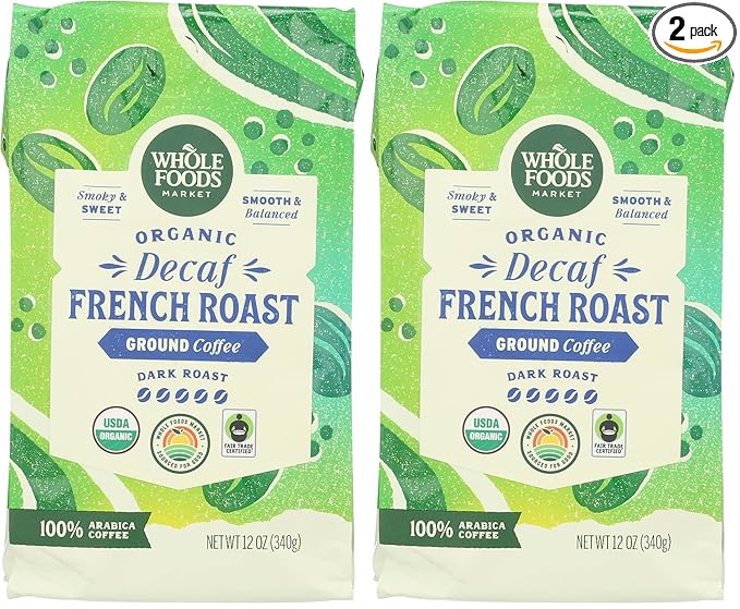 WHOLE FOODS MARKET Organic Ground Decaf French Roast Coffee, 12 OZ (Pack of 2)