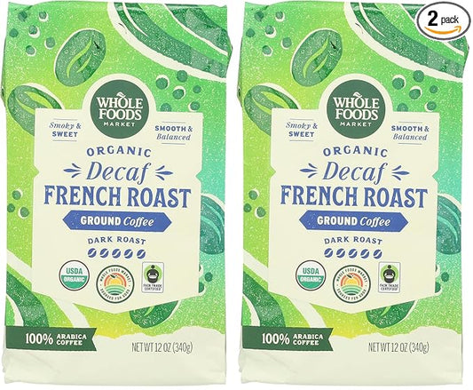 WHOLE FOODS MARKET Organic Ground Decaf French Roast Coffee, 12 OZ (Pack of 2)