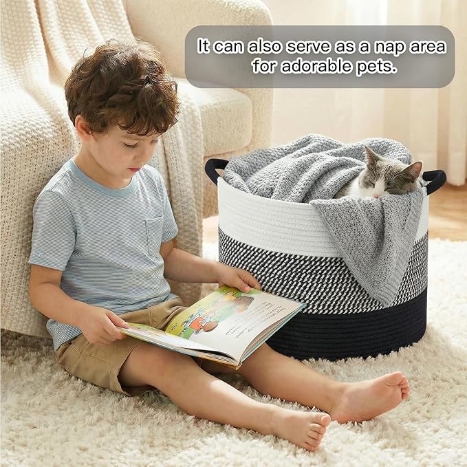 Artfeel 70L Large Cotton Rope Basket, Decorative Woven Blanket Storage for Living Room, Boho Toy Storage & Toy Box for Kids, Versatile Laundry Basket & Nursery Hamper for Blankets(Black)