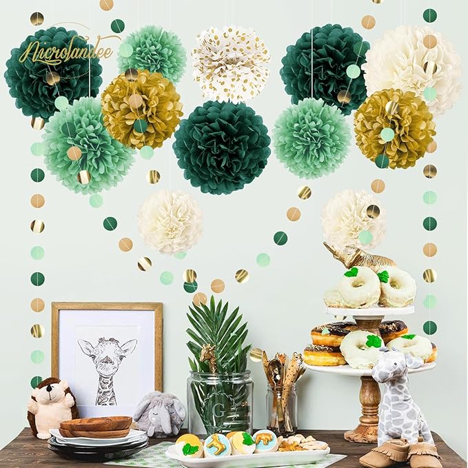 NICROLANDEE Green Wedding Party Decorations - 15 PCS Green Tissue Paper Pom Poms, Dots Paper Garland for Neutral Baby Shower, St. Patrick's Day Party, Birthday, Bridal Showers, Rustic Wedding Decor