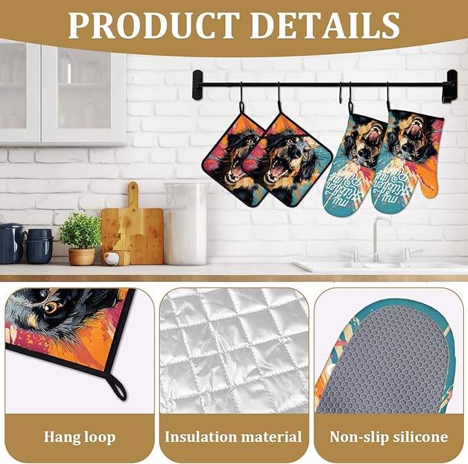 Colorful Happy Dog Oven Mitts and Pot Holders Sets 4Pcs Dog Lover Silicone Kitchen Gloves Heat Resistant Potholders for Baking Cooking Grilling BBQ