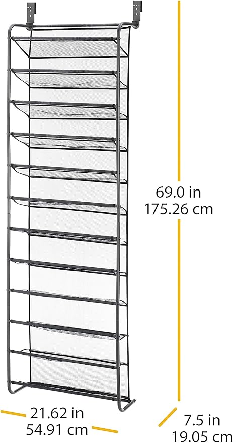 Whitmor 36 Pair Over the Door Shoe Organizer, 12 Tier Hanging Shoe Organizer, Heavy Duty Metal & Mesh Shoe Holder, Hanging Shoe Rack for Closet Storage, 69"L x 21.7"W x 7.5"H, Gunmetal Gray