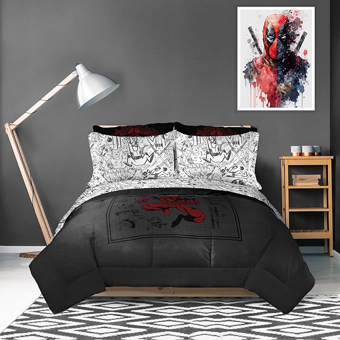 Jay Franco Marvel Deadpool Twin Size Comforter Set - 5 Piece Bedding Includes Sheet Set and Pillow Covers - Gray and Red Super Soft Cozy Bedding