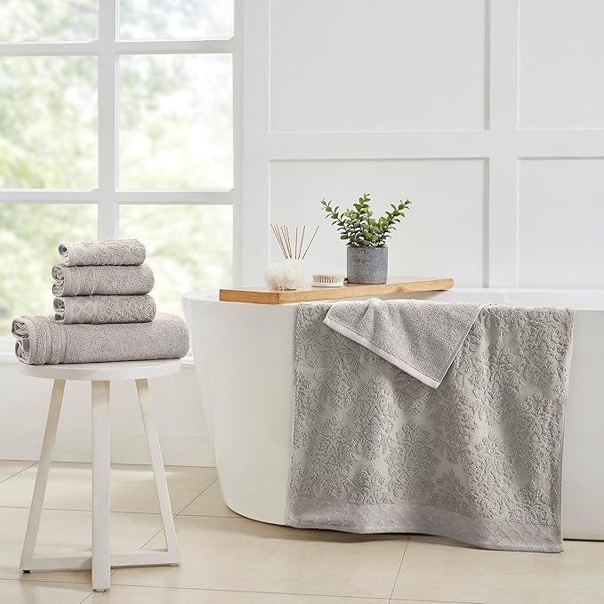 Modern Threads 6 Piece Cotton Bath Towel Set – Ultra Soft 550 GSM Towels – Bathroom Set with Hand Towels and Washcloths – Diamond Border (Silver Cloud)
