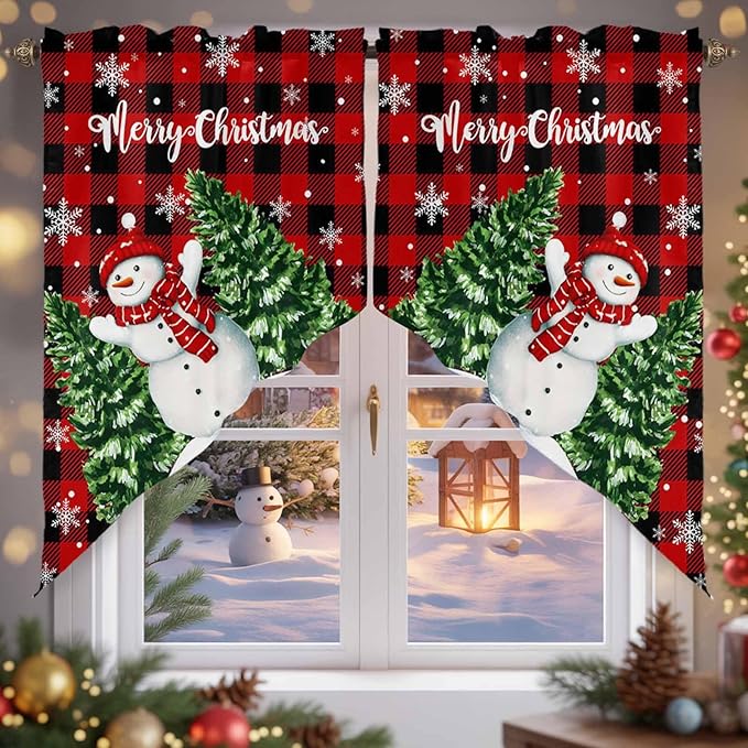 Christmas Tree Snowman Swag Valance Curains Winter Snowflakes Red Buffalo Plaid Rod Pocket Kitchen Curtains Scalloped Window Treatment Valances Swag for Living Room Bedroom, 1 Pair, 36"W x 45"L